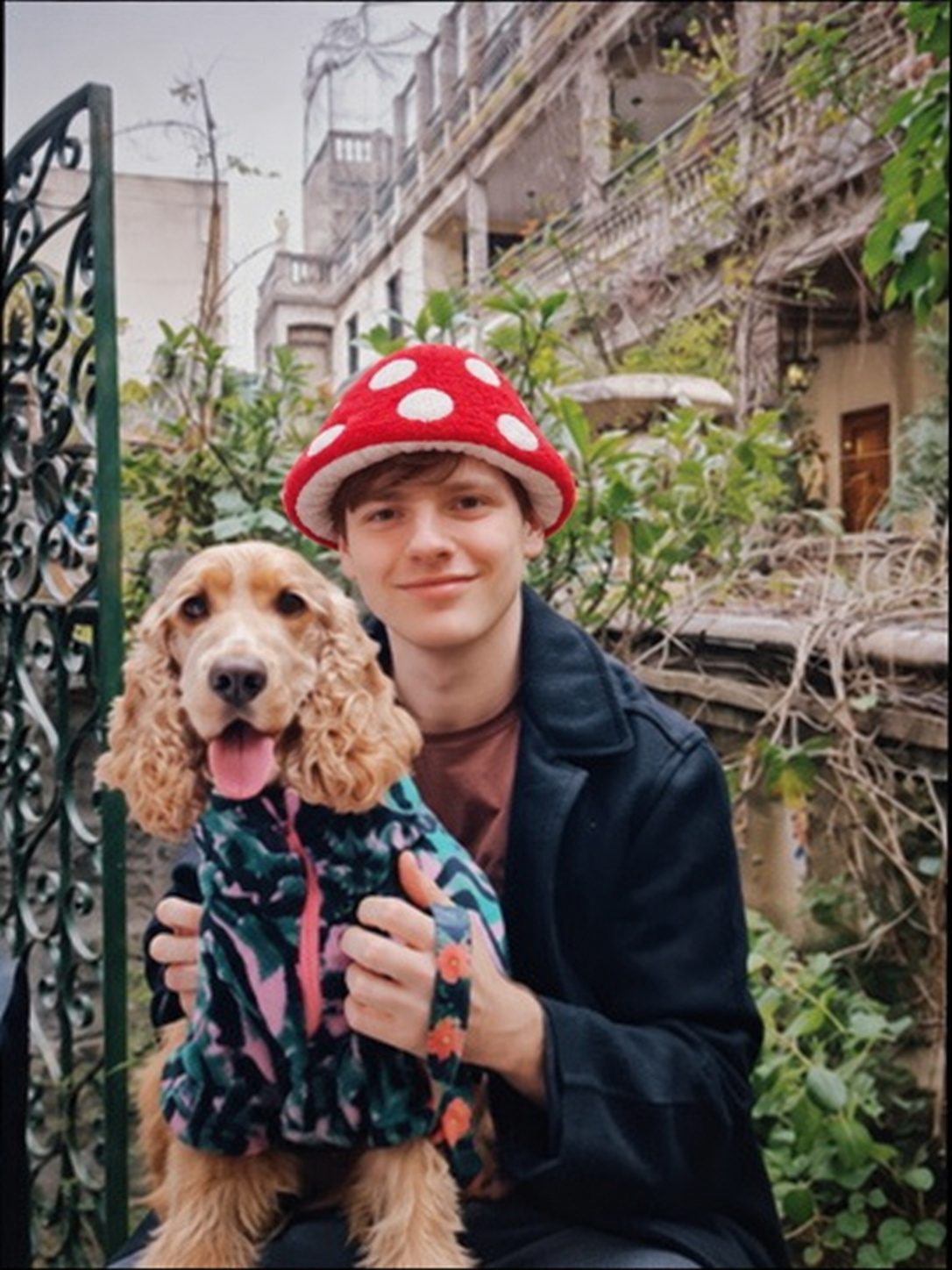 Gorro de hongo rojo sosteniendo a un perro en un jardín